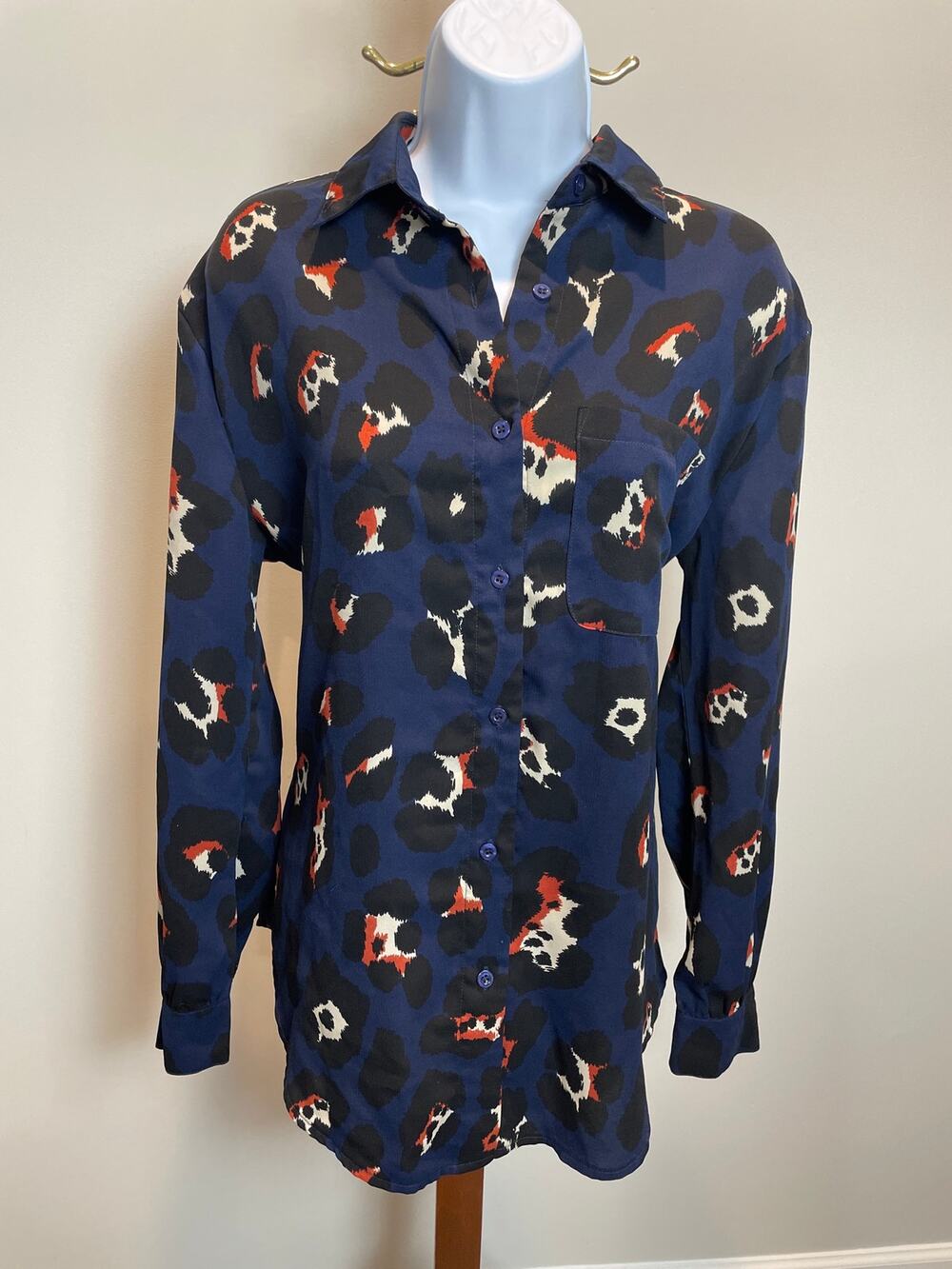 Nasty Gal Chiffon Button Up Shirt Size 4 Blue Abstract Design Collar